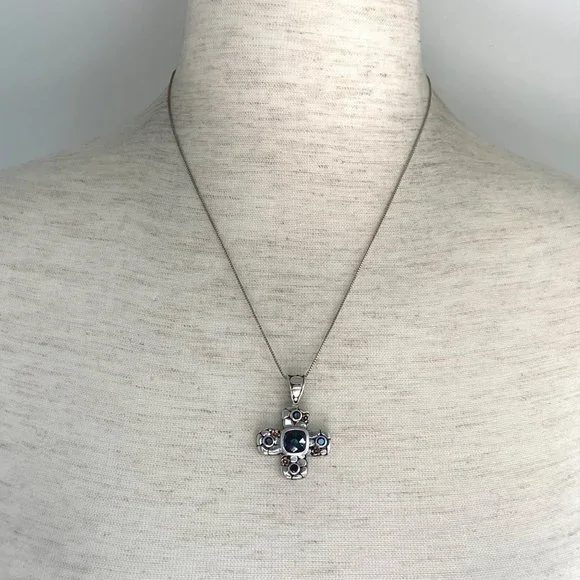 Sterling Silver 925 Black Tourmaline Glass Cross Pendant Necklace 18" Box Chain - Picture 3 of 16